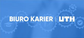Grafika przedstawia napis "Biuro Karier UTH" na tle zębatych kół z symbolami związanymi z karierą.