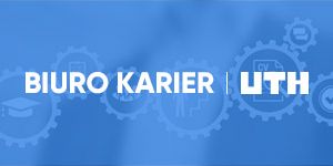 Grafika przedstawia napis "Biuro Karier UTH" na tle zębatych kół z symbolami związanymi z karierą.