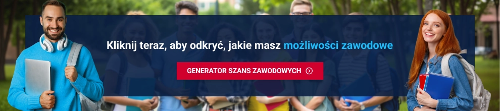 Grupa młodych ludzi stoi na tle zieleni, uśmiechając się i trzymając podręczniki, zachęcając do odkrycia możliwości zawodowych.