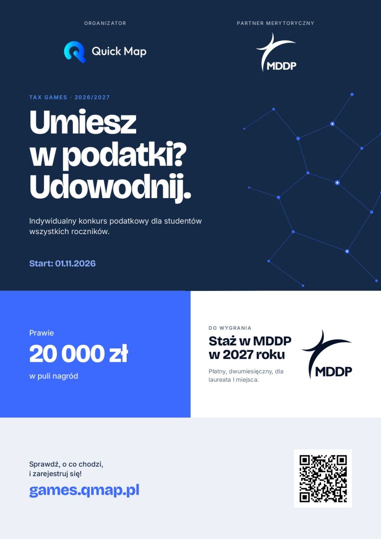 Plakat konkursu "Tax Games" dla studentów, oferujący nagrody i staż w MDDP w 2027 roku.