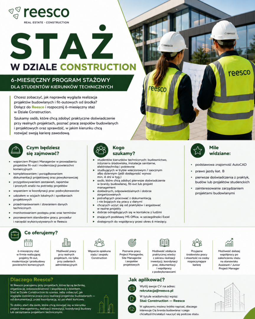 Program stażowy Reesco 2026 oferuje szansę praktycznego doświadczenia w dziale Construction dla studentów technicznych.