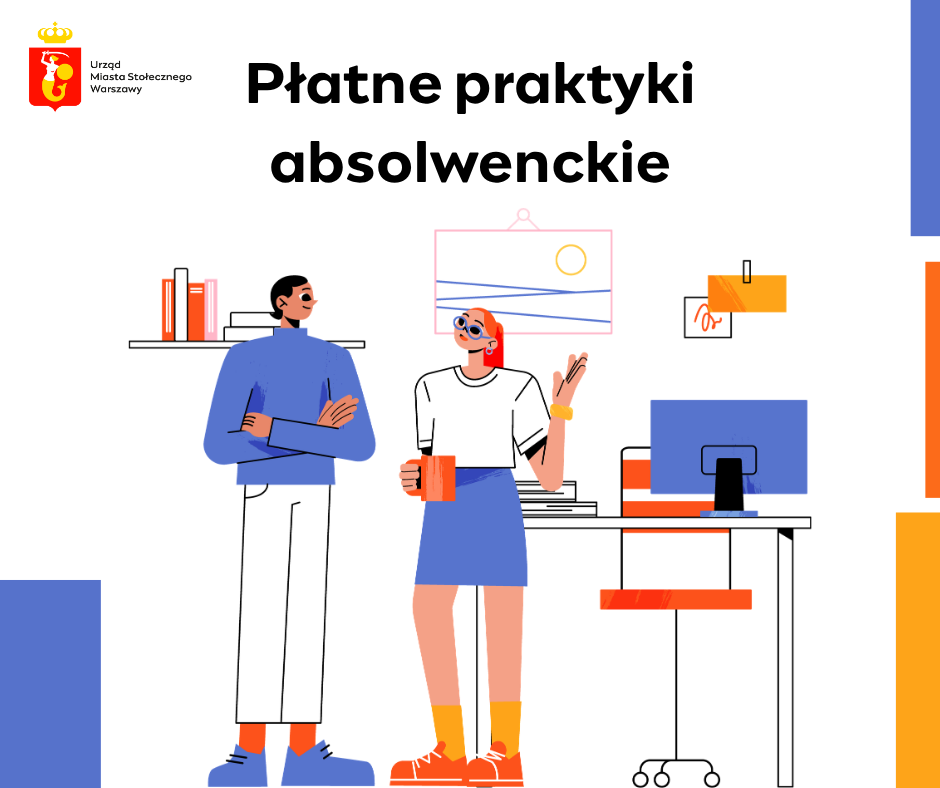 Dwoje młodych ludzi rozmawia o płatnych praktykach absolwenckich, stojąc przy biurku w nowoczesnym biurze.