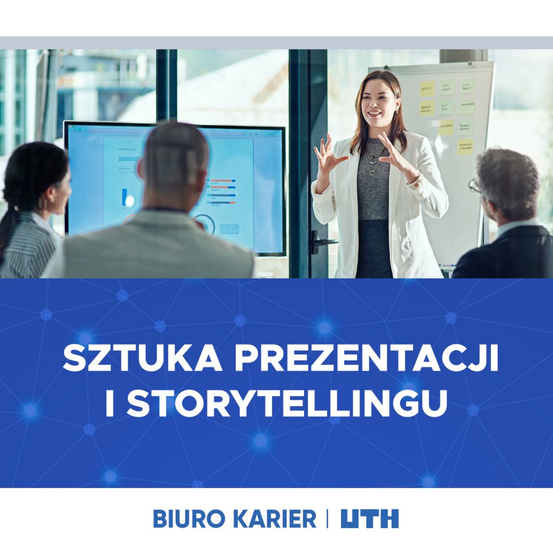 Kobieta prowadzi szkolenie na temat sztuki prezentacji i storytellingu przed zaangażowaną grupą słuchaczy.
