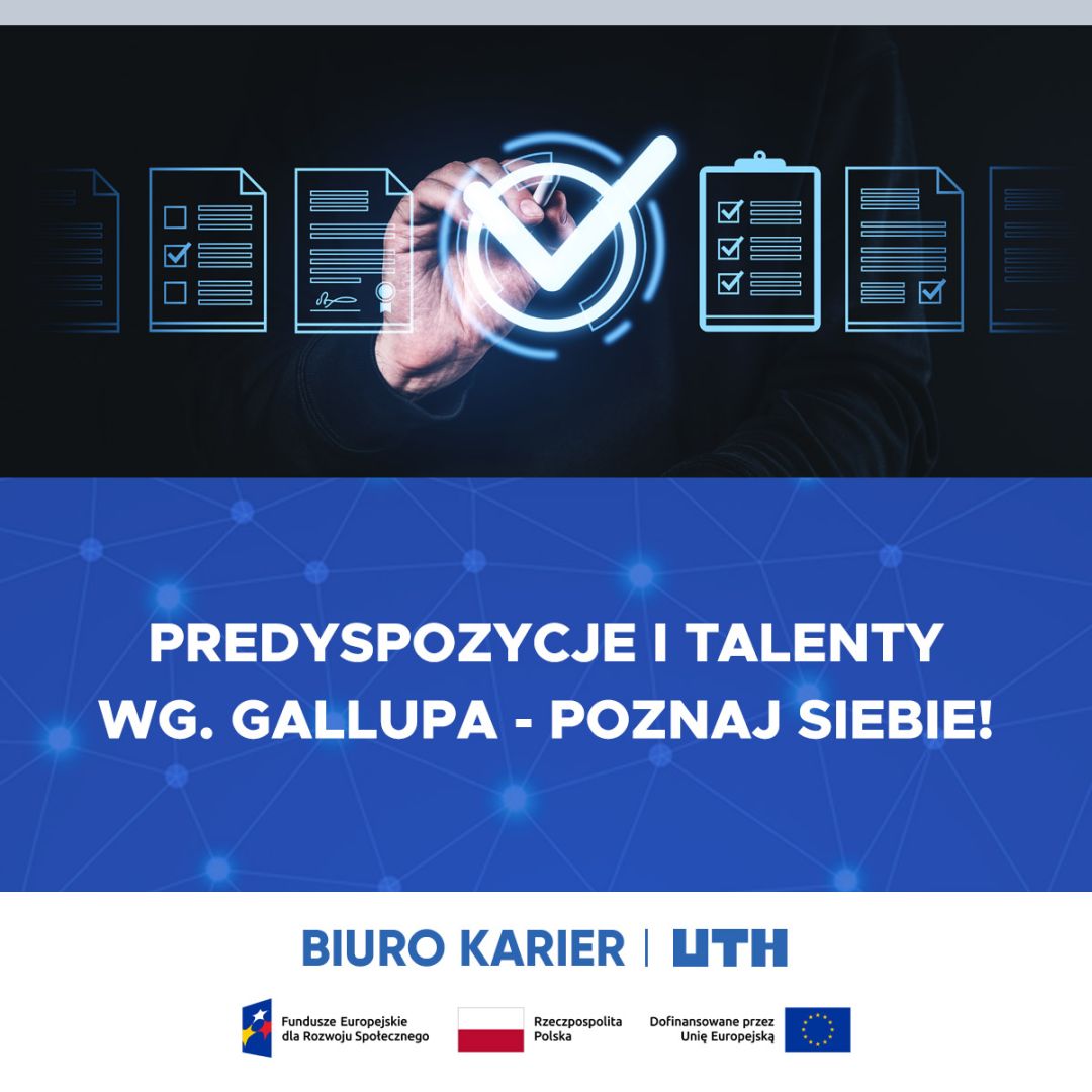 Grafika przedstawia rękę zaznaczającą odpowiedzi na dokumentach, promującą talenty wg Gallupa.