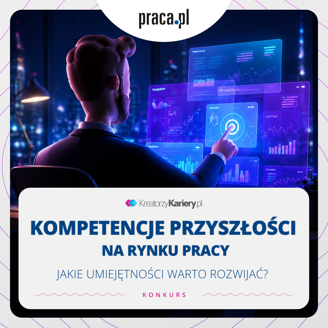 Mężczyzna analizuje dane na futurystycznym ekranie, badając kompetencje przyszłości na rynku pracy.