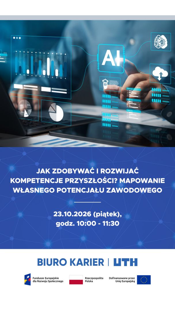 Osoba przy laptopie, analizująca dane i rozwijająca kompetencje przyszłości na wydarzeniu o AI i karierze.