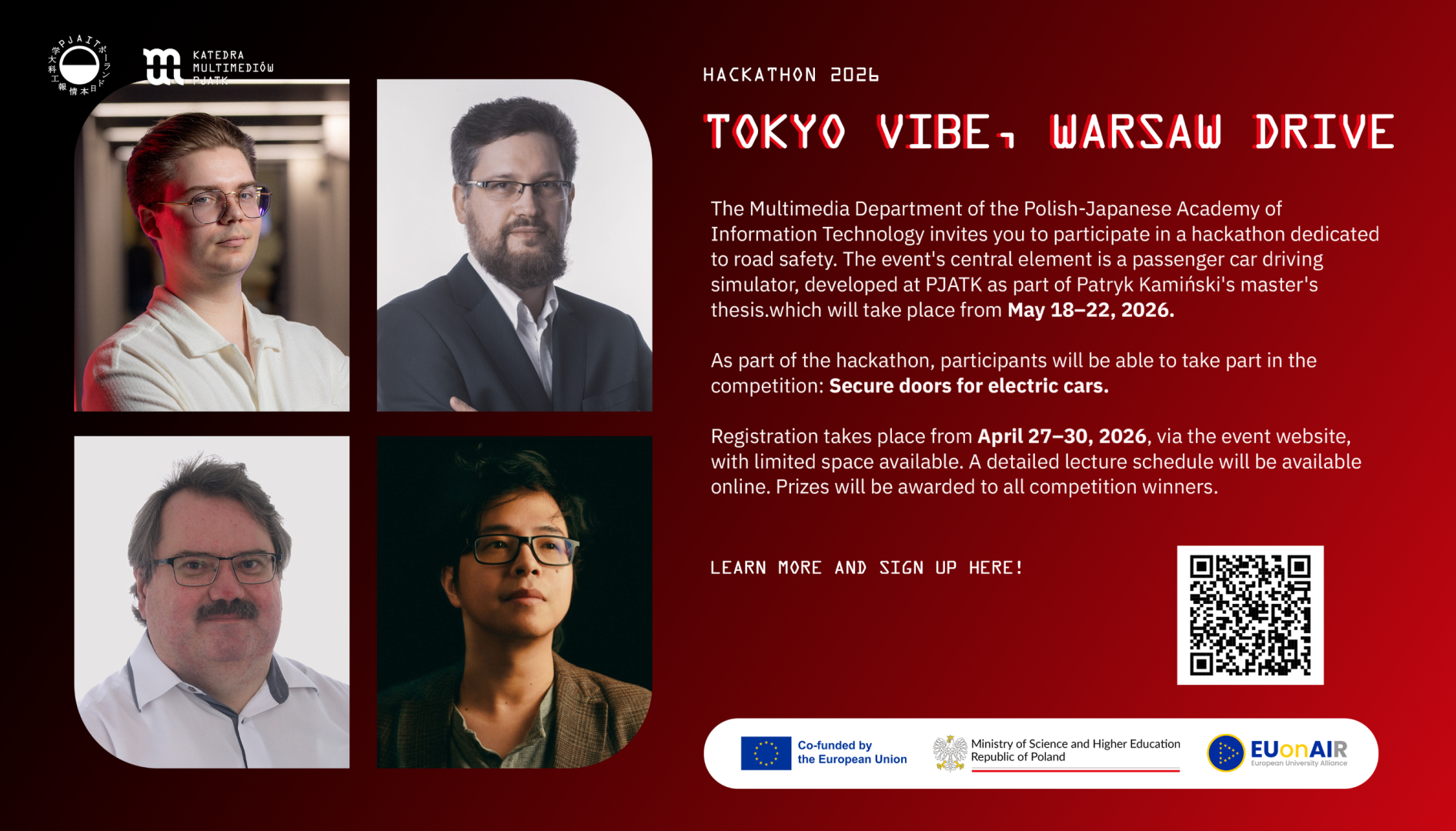 Czterech mężczyzn prezentuje się w ramach wydarzenia "Tokyo Vibe, Warsaw Drive" w hackathonie 2026.