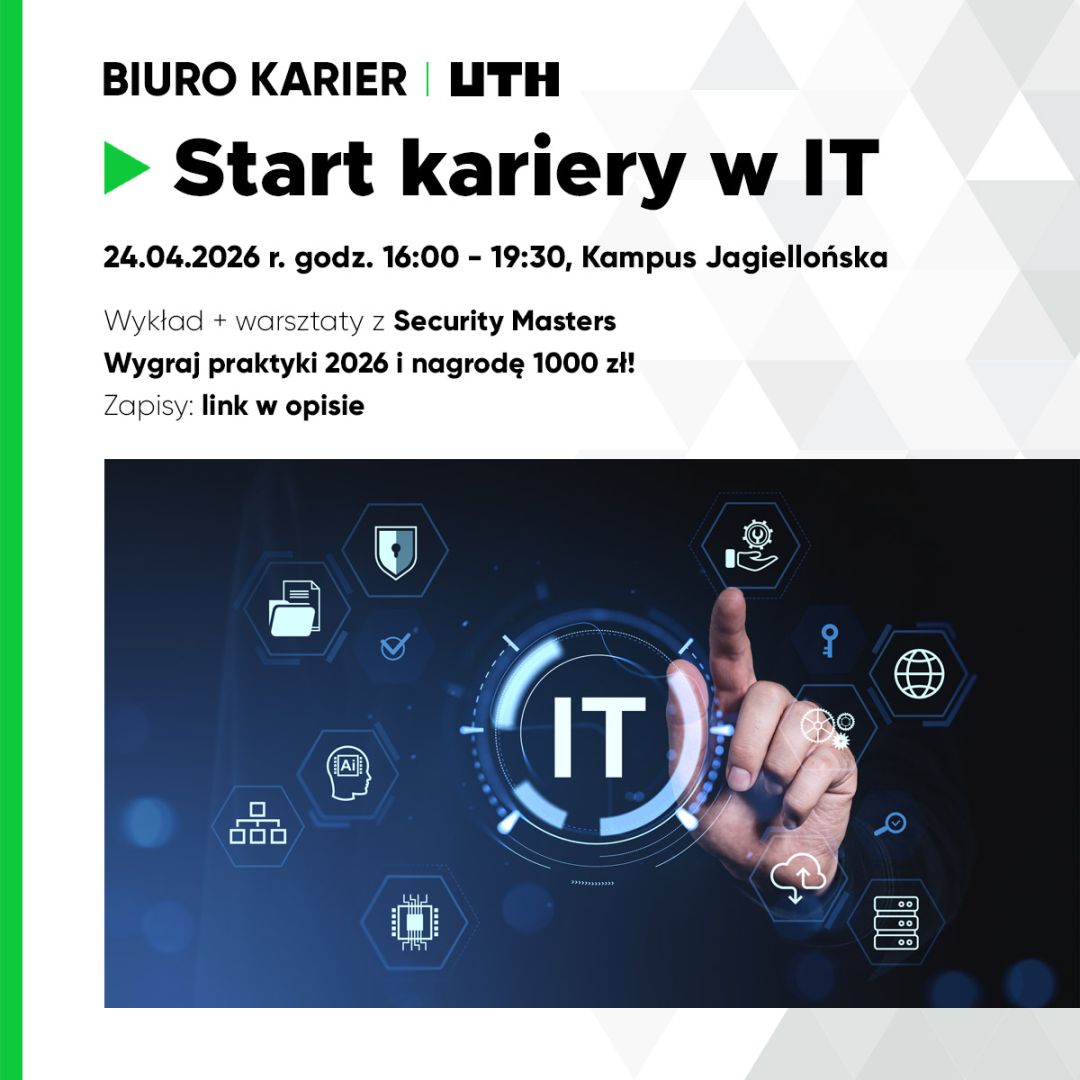 Grafika przedstawia wydarzenie "Start kariery w IT", z ikonami technologicznymi i ręką wskazującą na napis IT.