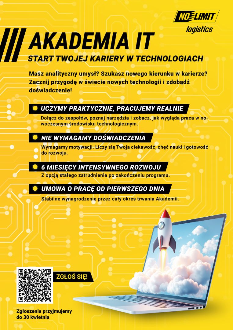 Plakat promujący Akademię IT, zachęcający do rozpoczęcia kariery w technologii z wizualizacją rakiety w laptopie.