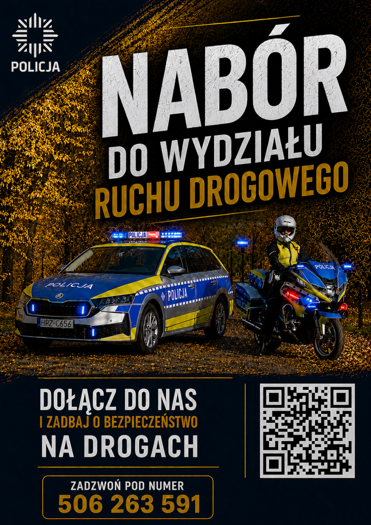 Plakat ogłasza nabór do Wydziału Ruchu Drogowego, promując bezpieczeństwo na drogach.