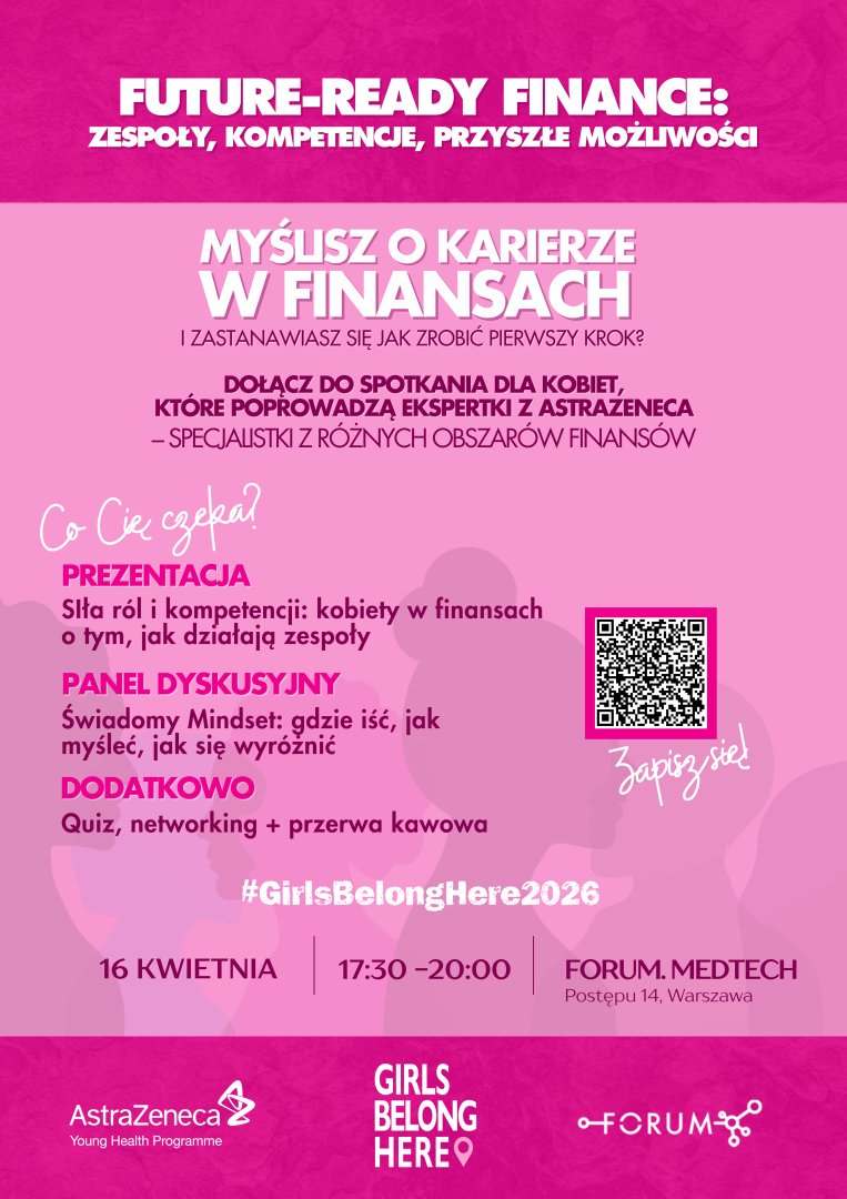 Plakat zaprasza kobiety na spotkanie dotyczące kariery w finansach, z prezentacjami i dyskusjami ekspertek.