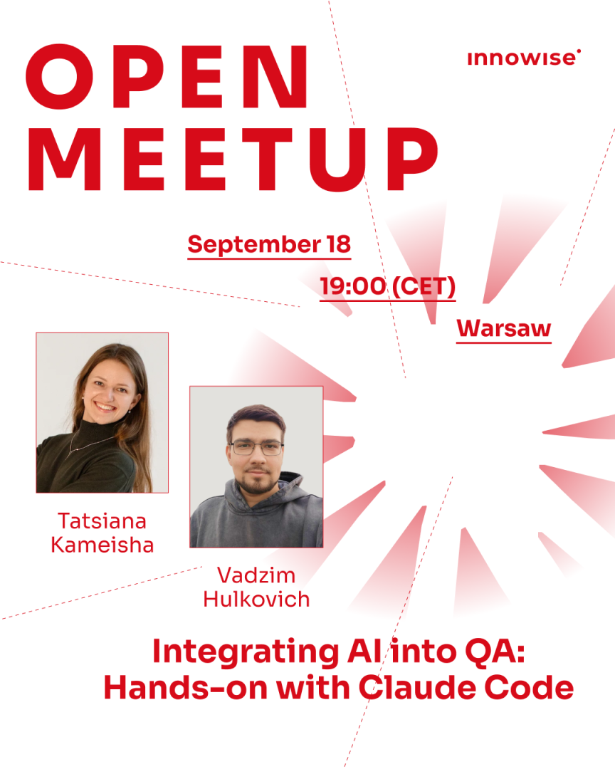 Plakat zapraszający na Open Meetup w Warszawie 18 września o 19:00, z tematem integracji AI w QA.