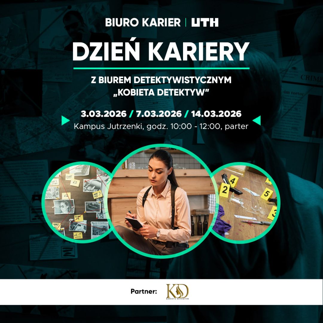 Plakat Dnia Kariery z biurem detektywistycznym, trzema datami w marcu 2026 i kobietą detektyw w centrum.