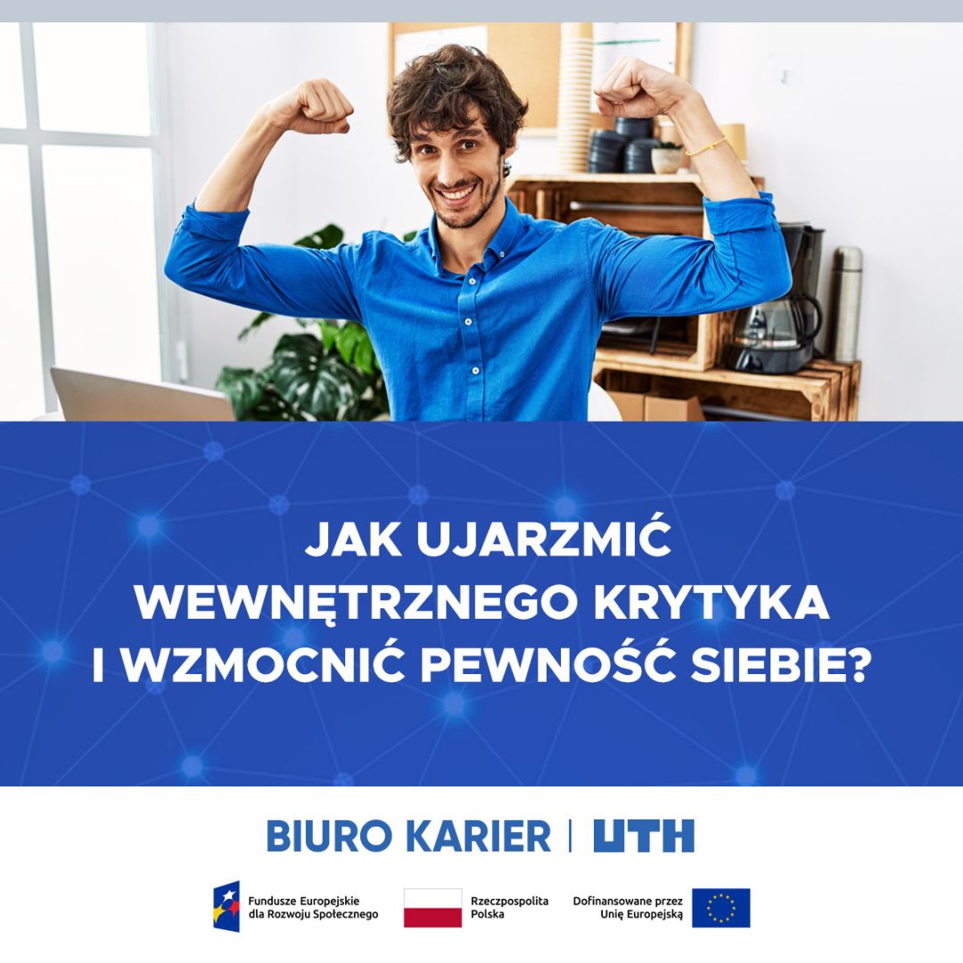 Mężczyzna uśmiecha się i pokazuje mięśnie, promując pewność siebie w Biurze Karier UTH.
