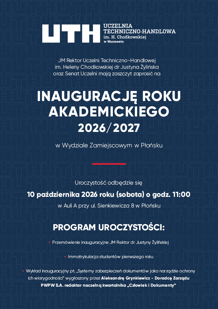 Zaproszenie na inaugurację roku akademickiego 2026/2027 w Płocku z programem uroczystości i datą wydarzenia.