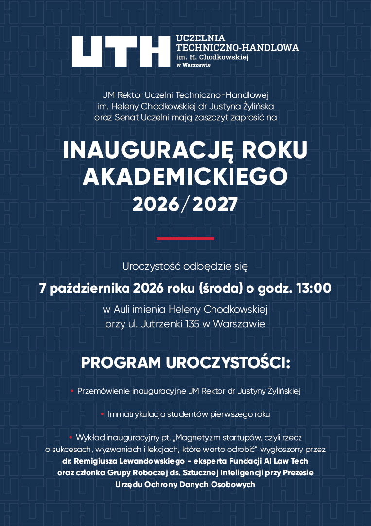Zaproszenie na inaugurację roku akademickiego 2026/2027 w UTH w Warszawie, 7 października o 13:00.
