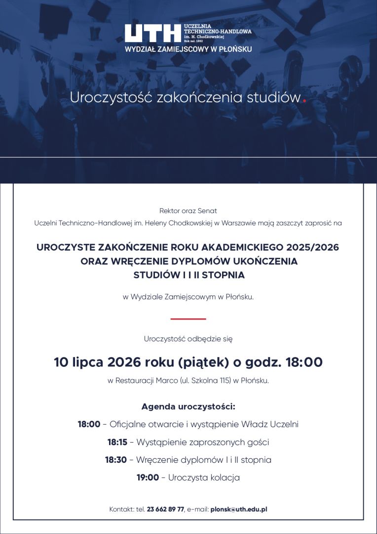 Zaproszenie na uroczystość zakończenia studiów UTH w Płońsku, 10 lipca 2026 roku. | © UTH