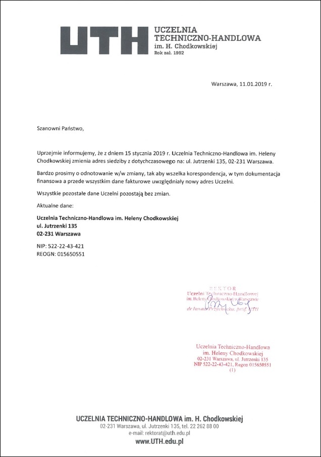 Zmiana adresu siedziby UTH w Warszawie