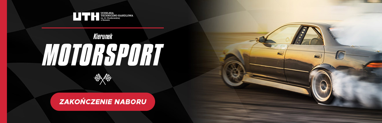 Baner informujący o kierunku motorsportu i zakończeniu naboru, z samochodem na torze wyścigowym.
